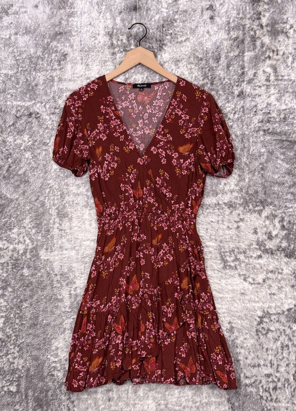 Madewell Dress 6 Womens Dark Red Floral Butterfly Short Sleeve Crepe Mini